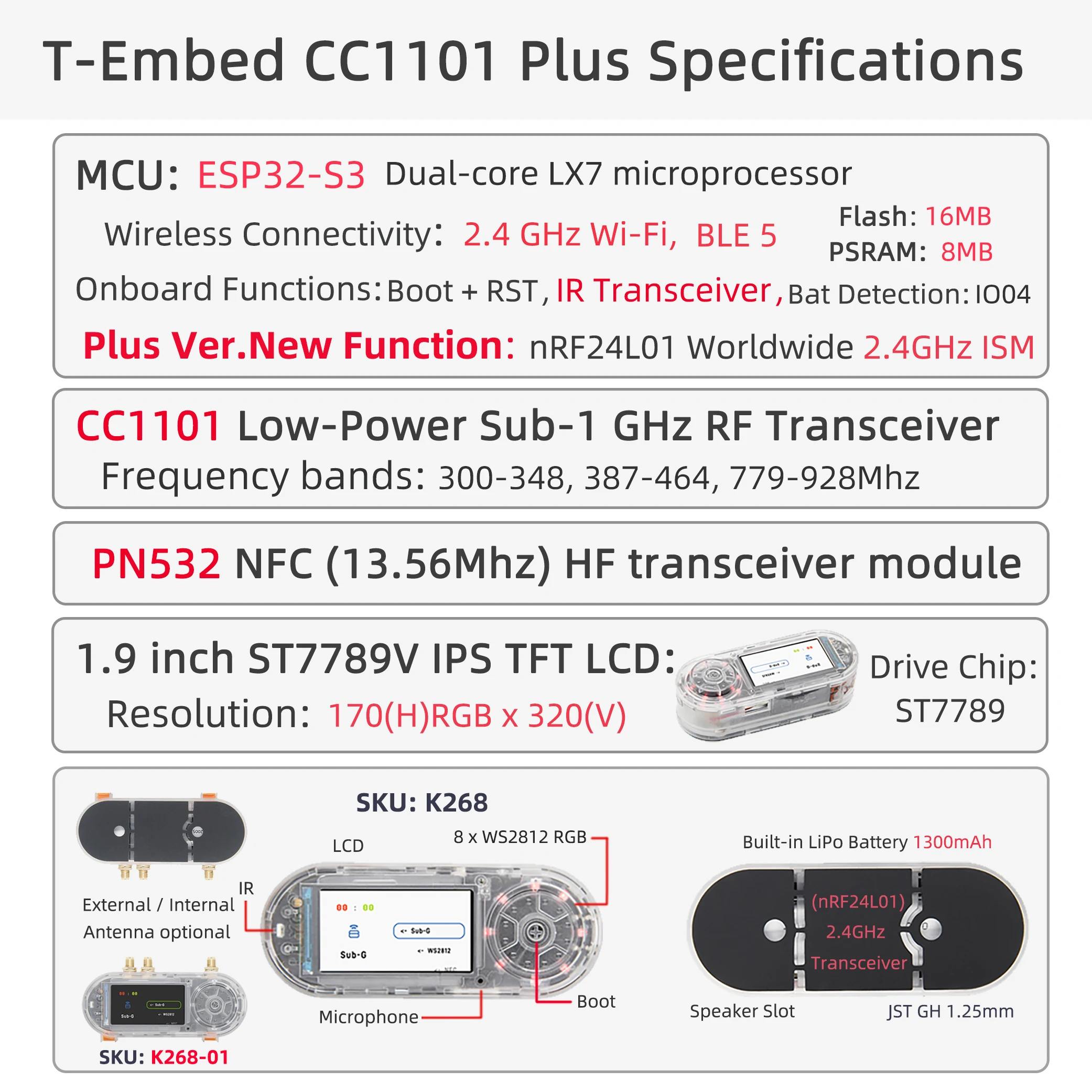 LILYGO® T-Embed ESP32-S3 cc1101 Low-Power-Sub-1 GHz HF-Transceiver pn532 nfc rfid i2c Modul LCD-Karte eingebaute Batterie 1300mah – Detail 3