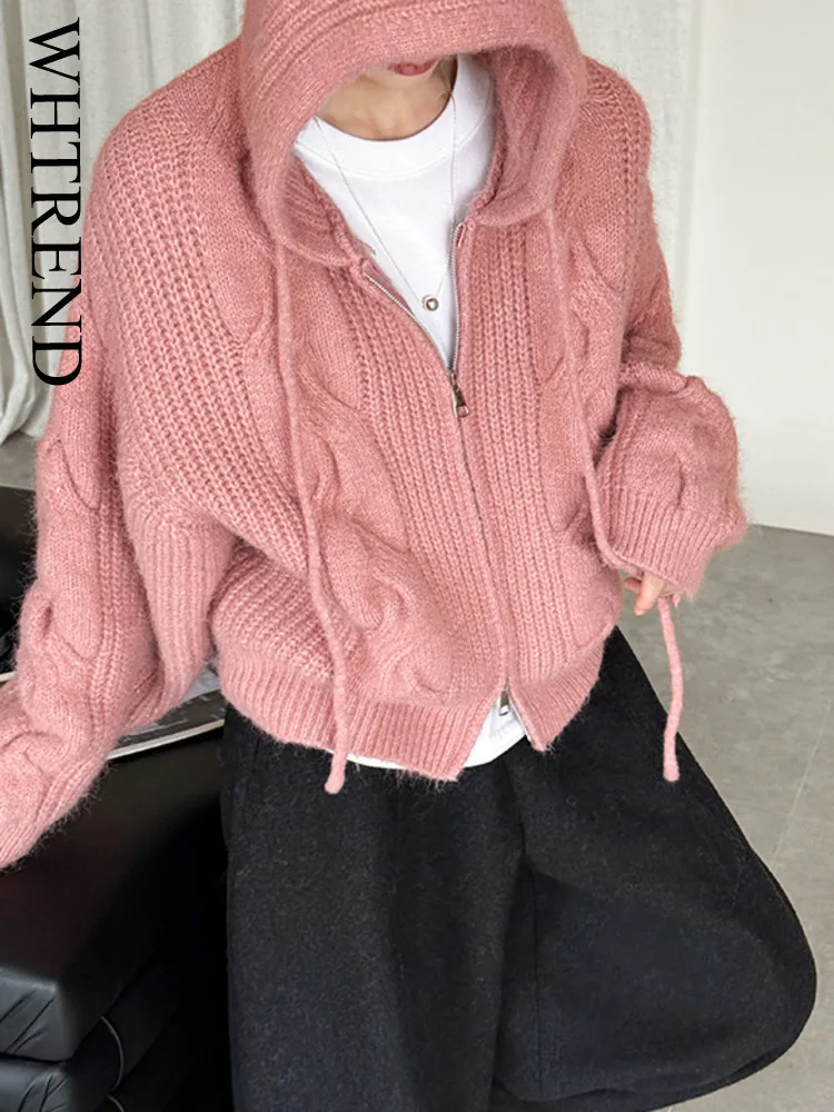 

WHTREND Soft Wool Hooded Knitted Cardigan For Women Zipper Twist Sweater Coat Autumn Winter New Fashion WH1834