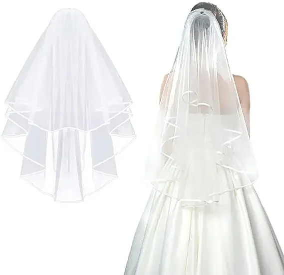 

Bridal Veil Wedding Women's White Tulle Short Ribbon Edge Comb for Brides Hen Party