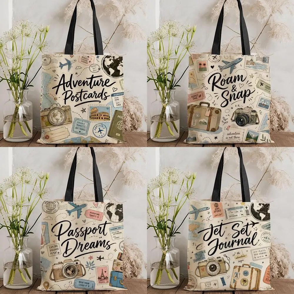 Wander Travel Collage Trip Storage Bags Canvas Tote Bag Women Large Capacity Reusable Eco Shopping Bag Shoulder Handbag
