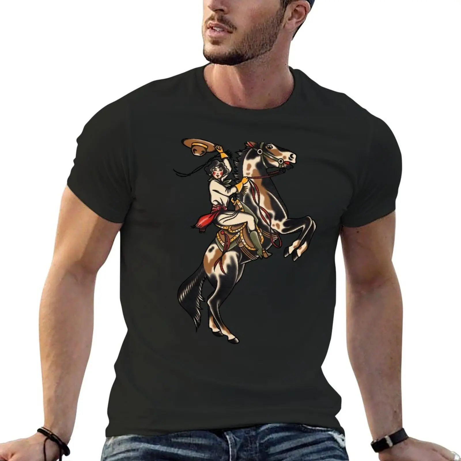 

Cowgirl on horse traditional tattoo T-Shirt vintage t shirts customs design your own oversizeds t shirts for men