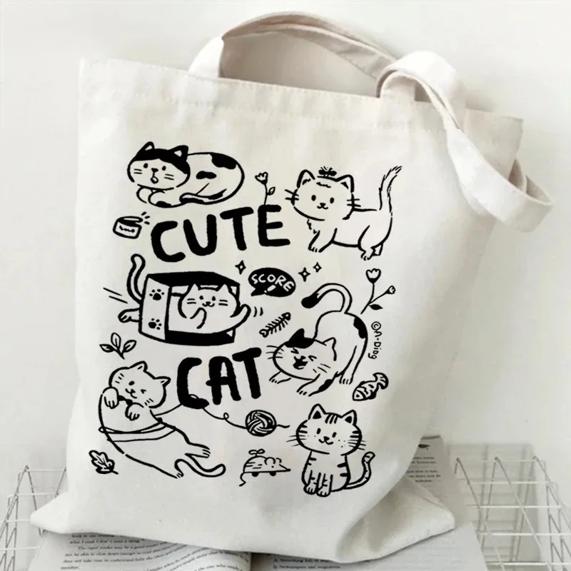 

Cute Cat Print Canvas Tote Bag Various Kitty Patterns Shoulder Bag Large Capacity Handbag For Daily Shopping School Commute