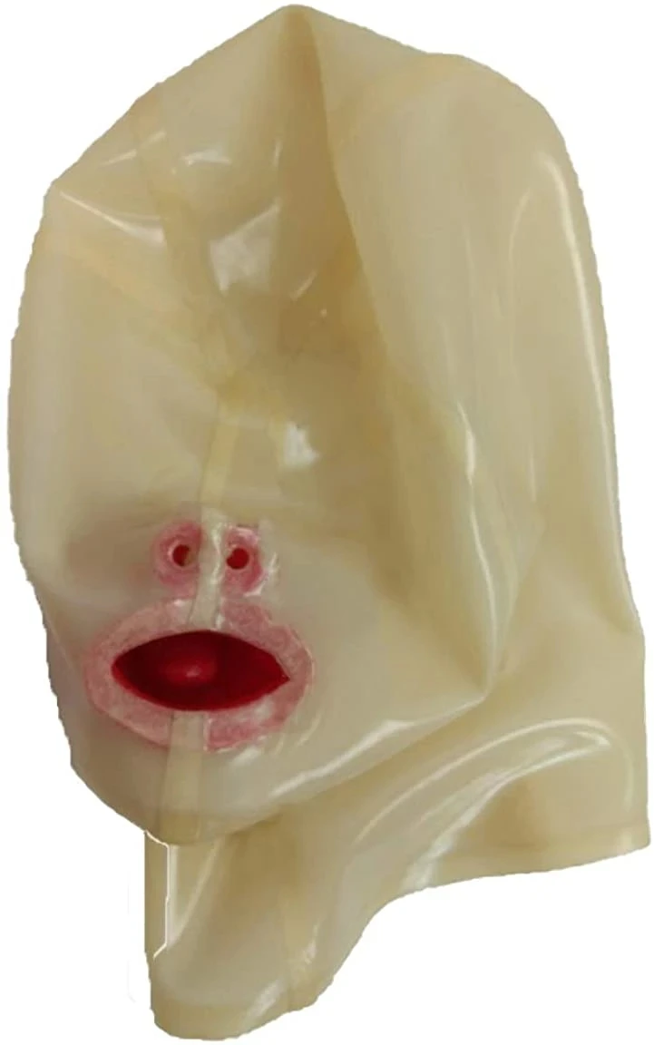 Handmade Sexy Natural Transparent Latex Fetish Hood Mask with Red Teeth Gag  Short / 15CM Long Nose Tube Mask