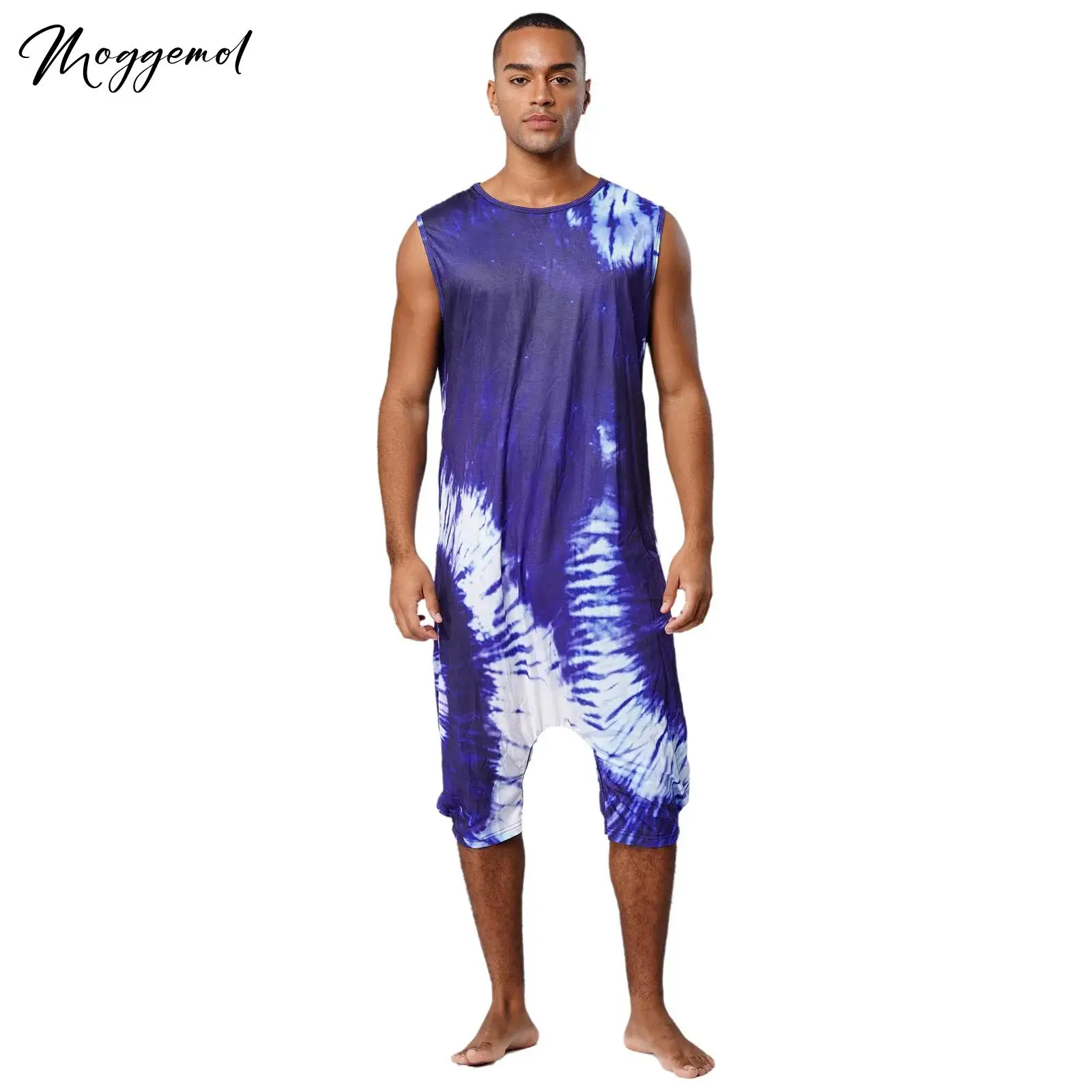 

Mens Funny Print Romper Halloween Christma Pajamas Sleeveless Zipper Crotch Pockets Jumpsuit Loose Loungewear Homewear Sleepwear