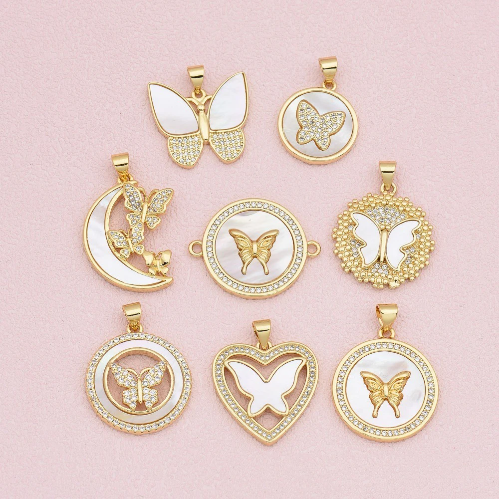 2 Pcs Shell Pendant DIY Jewelry Accessories Necklace Earring Making Copper Inlay Zircon Round Heart Moon Butterfly Hollow Parts