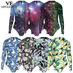 VIP FASHION Summer Women Long Sleeve Swimwear Sexy Bodysuits Floral Starry Sky Print Clothes Adult Cosplay Costume Jumpsuit