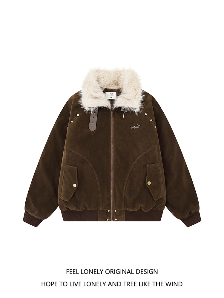 

American Retro Patchwork Leather Bule Biker Coat Fur Collar Warm Cotton Clothes Feel Lonely Youthful ular Casual Wear