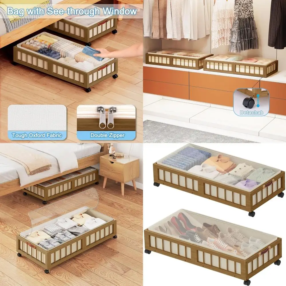 

Rolling Bamboo Storage Baskets with Large Dustproof Bags for Under Bed, Ideal for Bedrooms, Dorms, and Basements, Brown