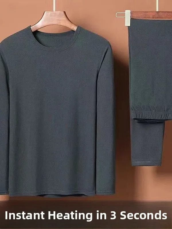 Heatable Thermal Underwear Set Men's Large Size round Neck Warmth Inner Wear Polyester Fabric Long Sleeve Base Layer Clothes