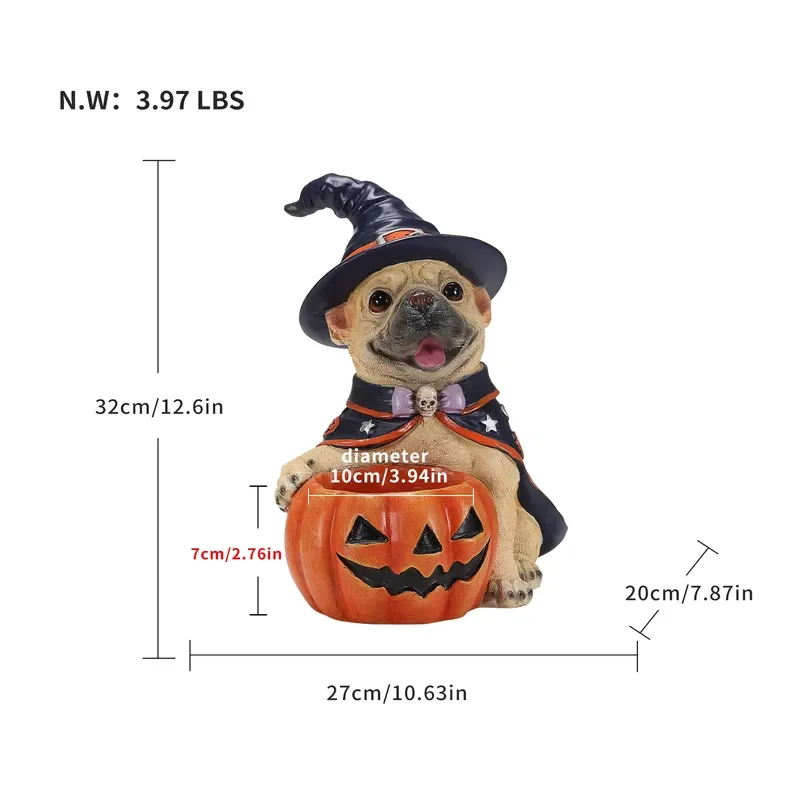 Cute French Bulldog Witch Statue Holding Pumpkin Candy Bowl Halloween Puppy Decorations for Home Party Table Centerpiece Gift
