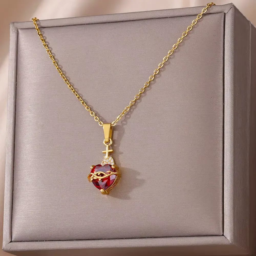 Zircon Heart Cross Necklace for Women Stainless Steel Chain Romantic Love Necklaces Vintage Aesthetic Fashion Jewelry Gift