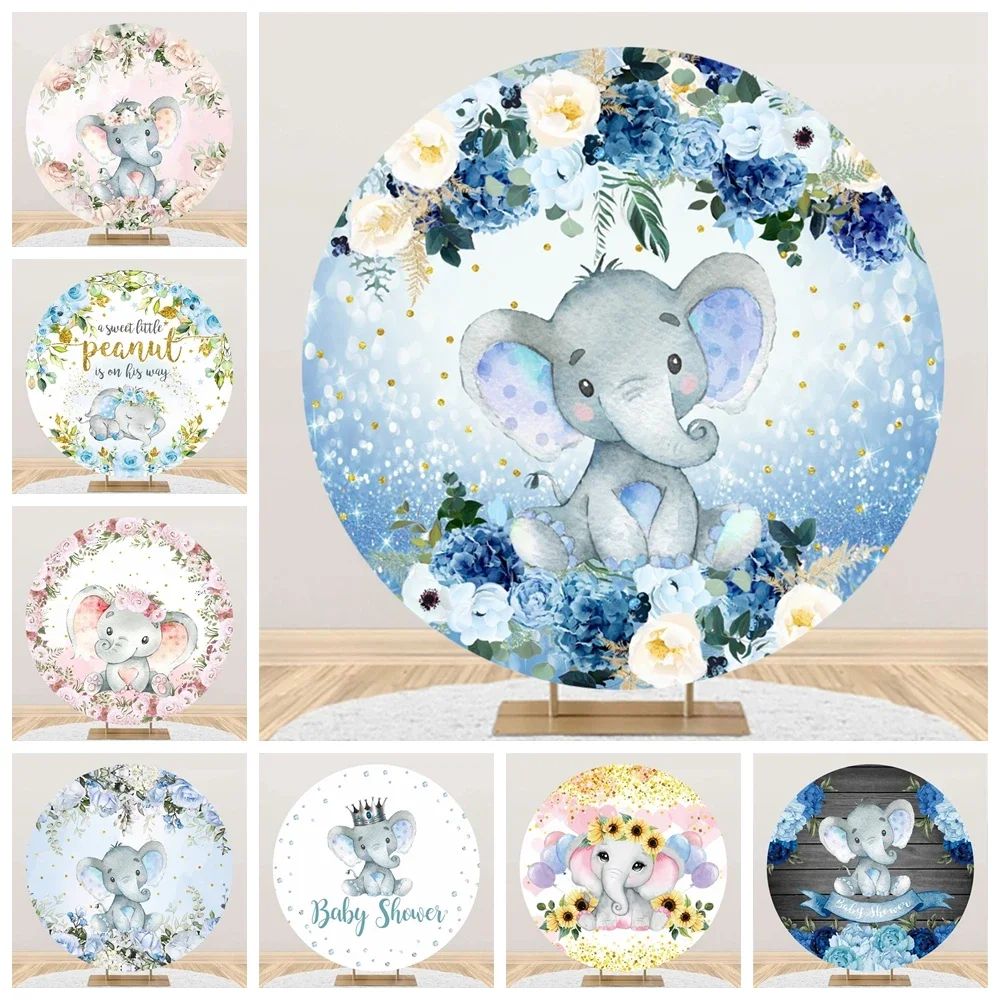 Tableclothsfactory Elephant Round Backdrop Baby Shower Boy Girl Birthday Party Pink Blue Flower Cute Circle Fabric Cover