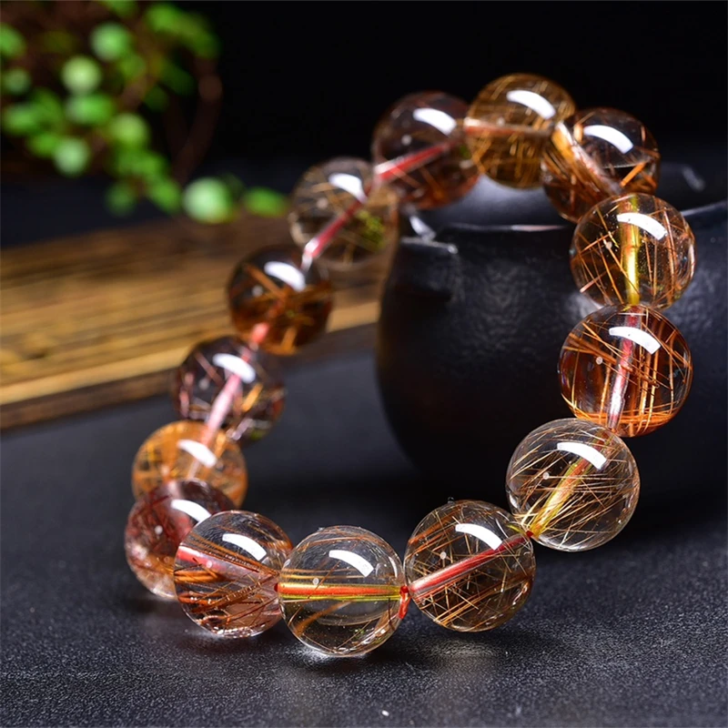 17MM Natural Colored Rutilated Quartz Bracelet Healing Crystal Beads Elastic Charm Bracelets for Women Energy Jewelry Gift