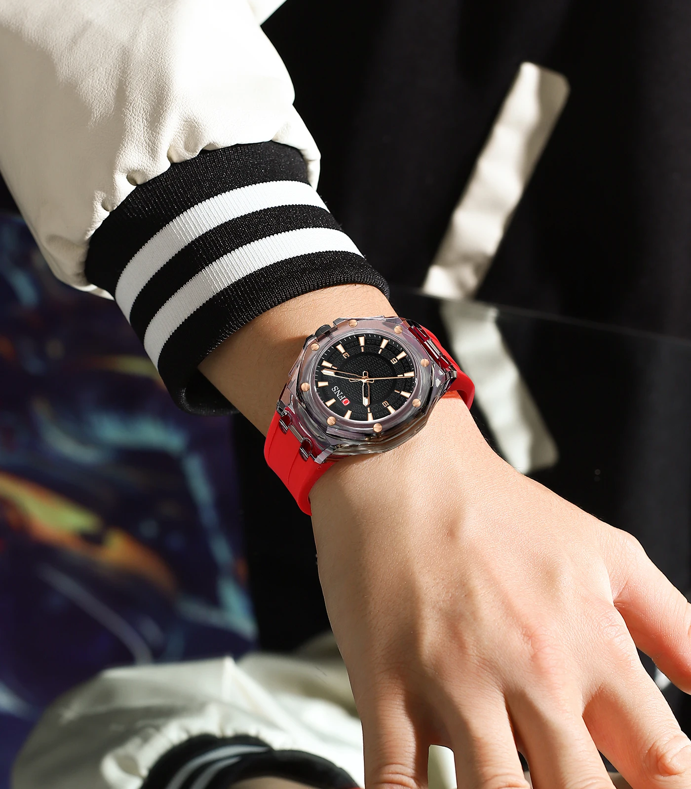 OFNS-reloj de cuarzo con correa de silicona para niño y niña, cronógrafo creativo, transparente, color blanco, rosa y verde, 1608