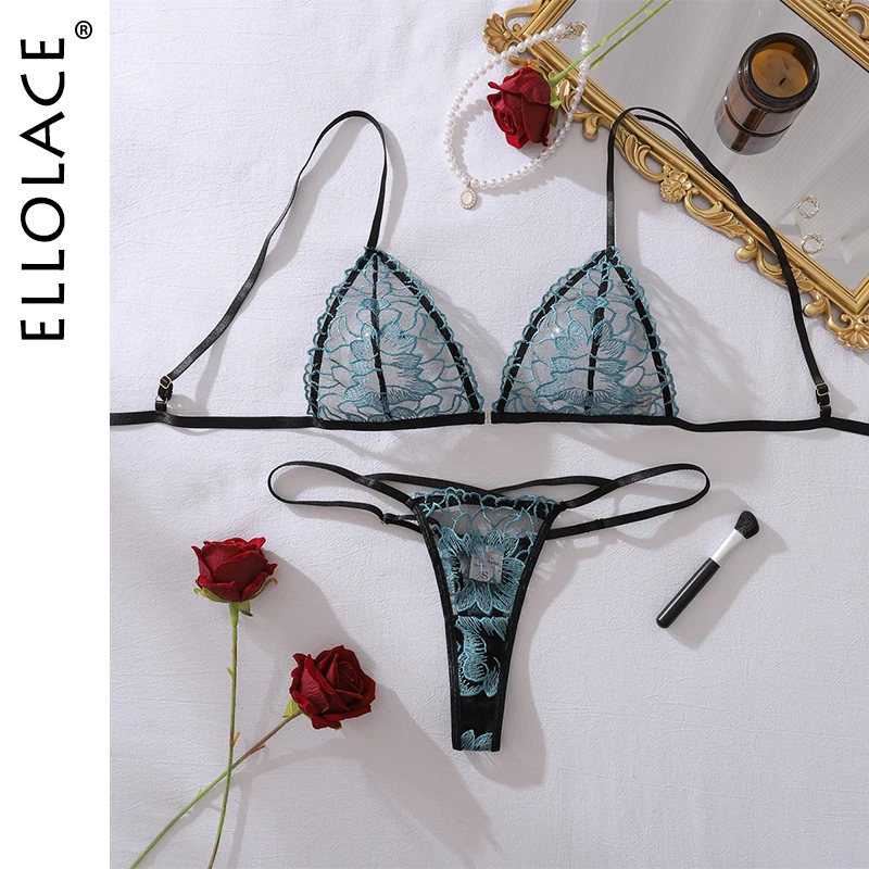 

Ellolace Elegant Sexy Female Lingerie Intimate French Embroidered 2PC Set Exclusive Triangle Bra Hilitos Women's Underwear