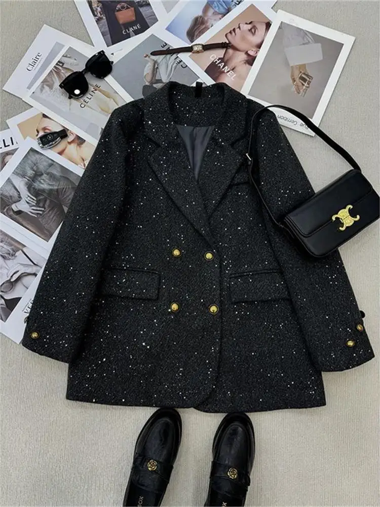 

Ele Casual Women's Suit Jaet iny Design Versatile Spring Autumn High-End Western Sle Long Sve Double Button