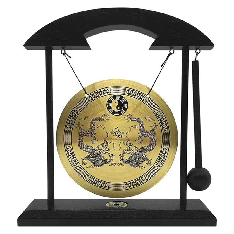 

ABKO-Desktop Gong With Stand And Mallet Brass Feng Shui Ornament, Double Dragon Design, Delicate Chinese Home Decor