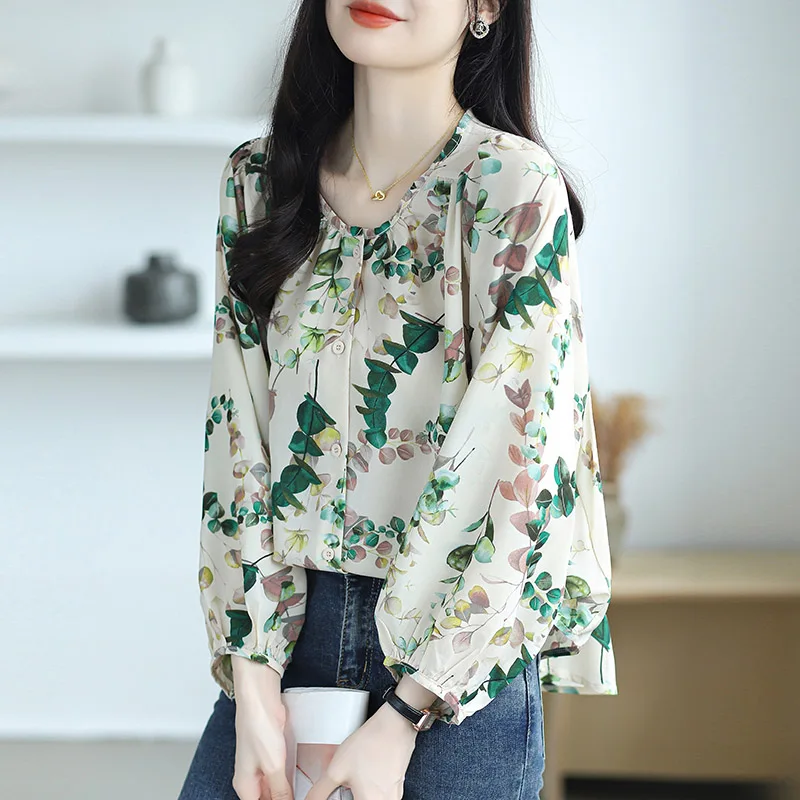 Women\'s Clothing Chic Print O-neck Long Sleeve Shirt Autumn Casual Loose All-match Chiffon Blouses Office Lady Elegant Sweet Top