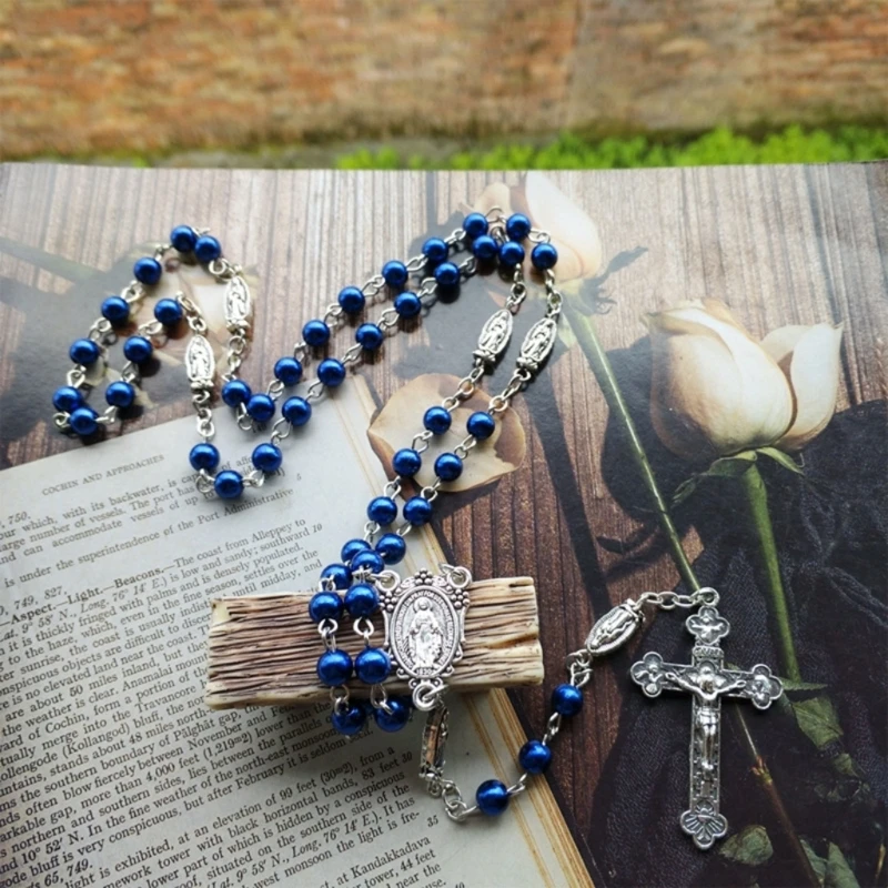 Glass Beads Blue Rosary Catholic Necklace Prayer for Cross Holy Religious Jewelry Gifts for Women Men