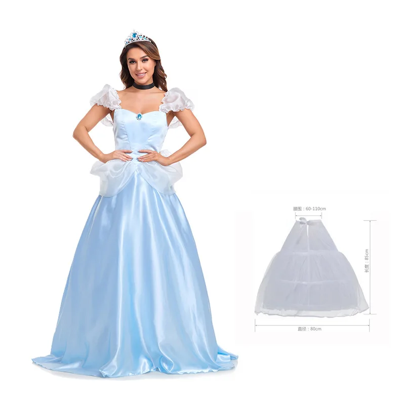 Frauen Cinderella Cosplay Prinzessin Kleid Fee Pompadour Kleid Schulterfrei Halloween Blaues Prinzessinnenkleid mit Krone