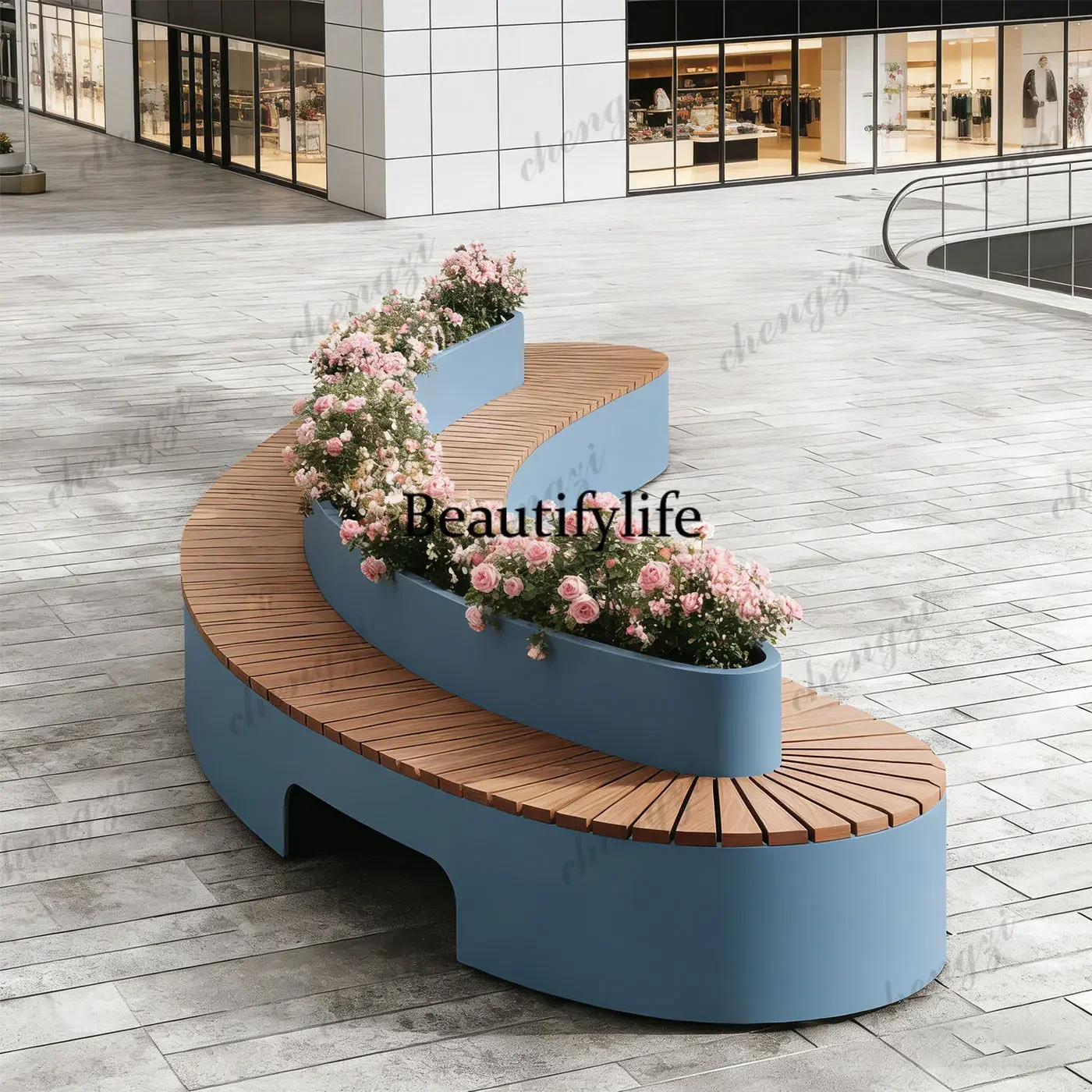 01A Outdoor flower box seat combination modern simple square shopping mall flower pot decoration public leisure chair