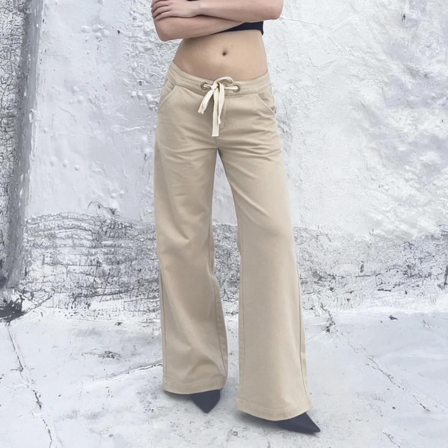 

Low Waist Wide Leg Pants Workwear Woven Lace up Trousers for Women Summer 2025 Low Waist Cosite Fabric Ladies Trousers