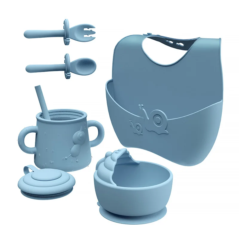 

TYRY.HU 5Pcs Baby Silicone Tableware Set Kid Feeding Bowl Sucker Spoon Fork Snack Cup Adjustable Bib Children Dinnerware Set
