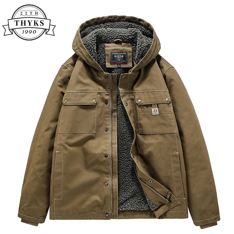 

Vintage Hooded Jacket Men's Cotton-Padded Lamb Wool Lining Windproof Warm Cargo Coat Outdoor Hunting Male Workwear Autumn Winter