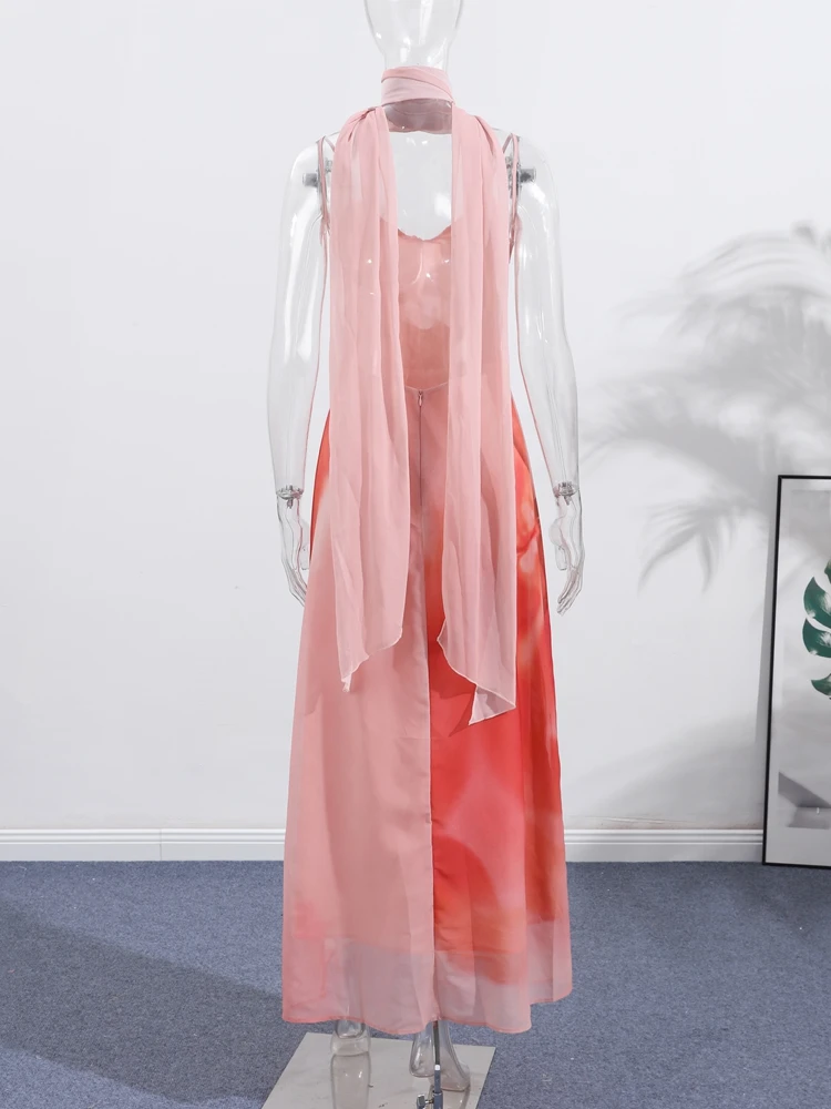 Sexy Tie Dye Stampato Abito Lungo Sciarpa Delle Donne Sottile Sling Con Scollo A V Scialle Senza Maniche Backless Abiti Lunghi 2025 Abiti Estivi Nuovo