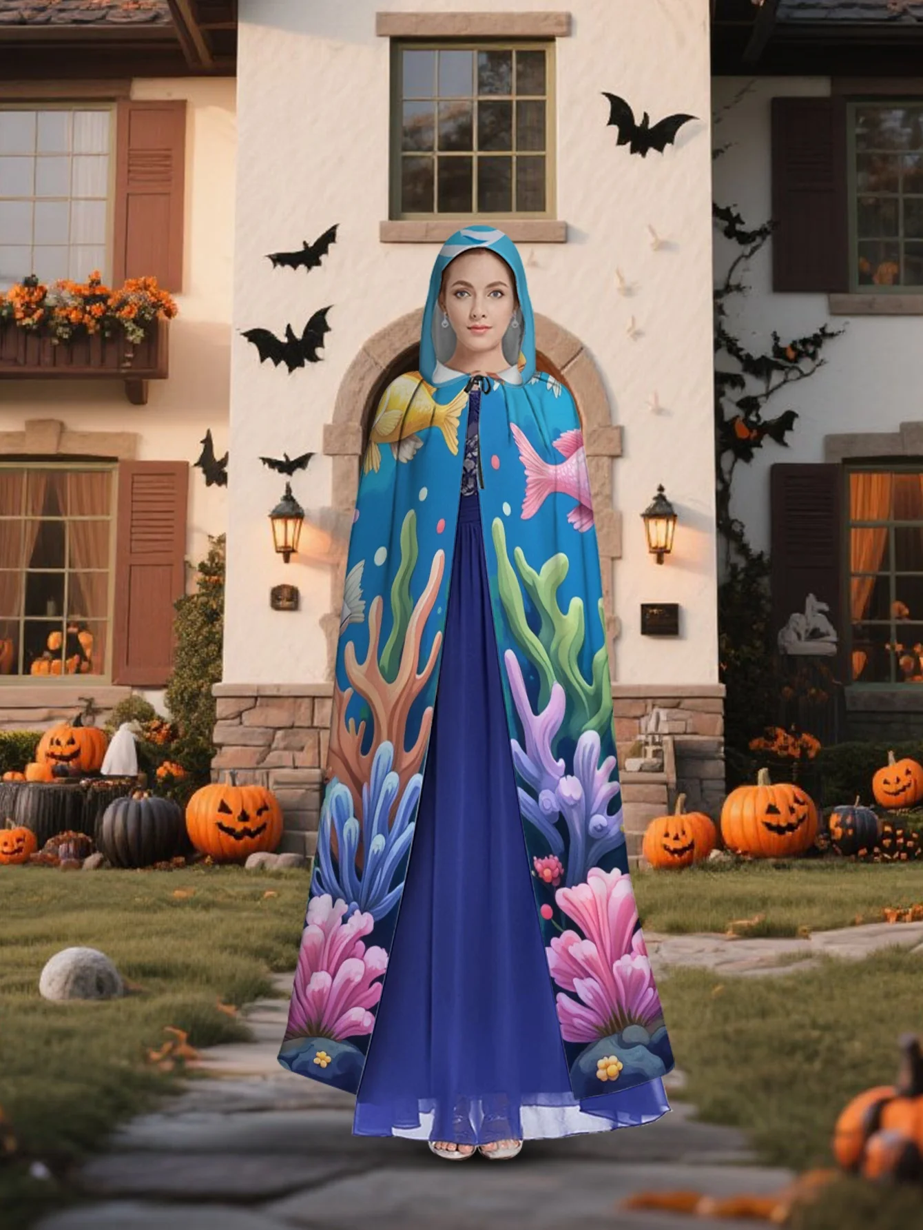 Customization 1pc Of 2D Flat Printing Must-Have Hooded Cape For Travel Featuring Watercolor Fish And Coral, Made Of 100%