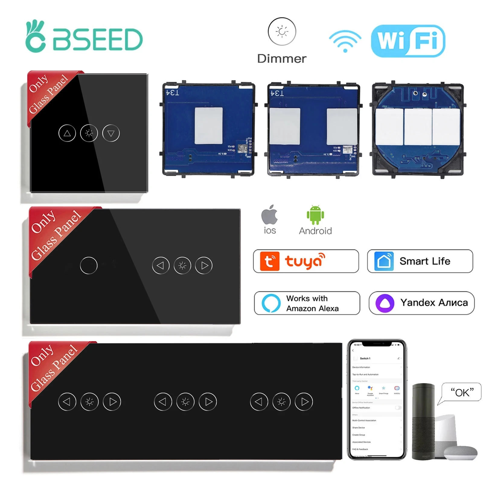 BSEED Wifi Smart Dimmer Switch 1/2/3Gang Touch Light Switch funzione parte Tuya Smart Life Control pannello in vetro combinazione libera fai da te