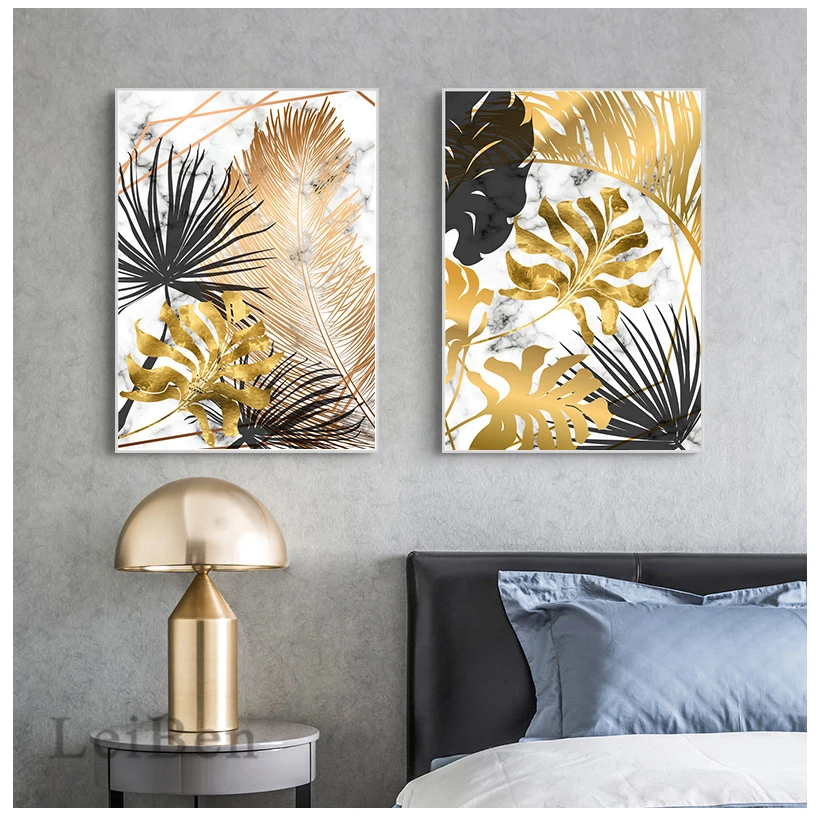 Gold Tropical Leaf Poster Home Decor Nordic Canvas Painting Wall Art Print Plant Marbling Luxury Decor for Living Room Painting