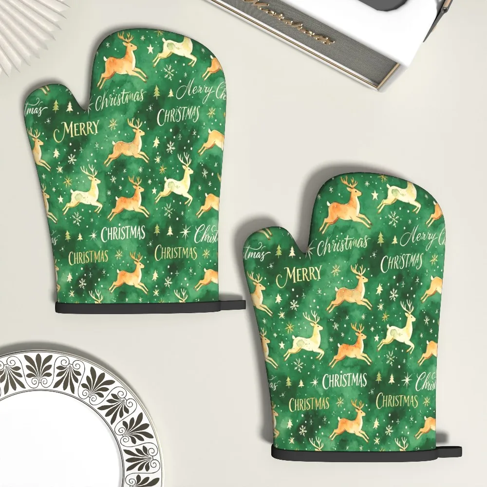 2pcs Set 10.6 X 6.7 Inch Kitchen Oven Mitts, Christmas Green Leaping Deer, Snow Star Silhouette, Snowflake, Star