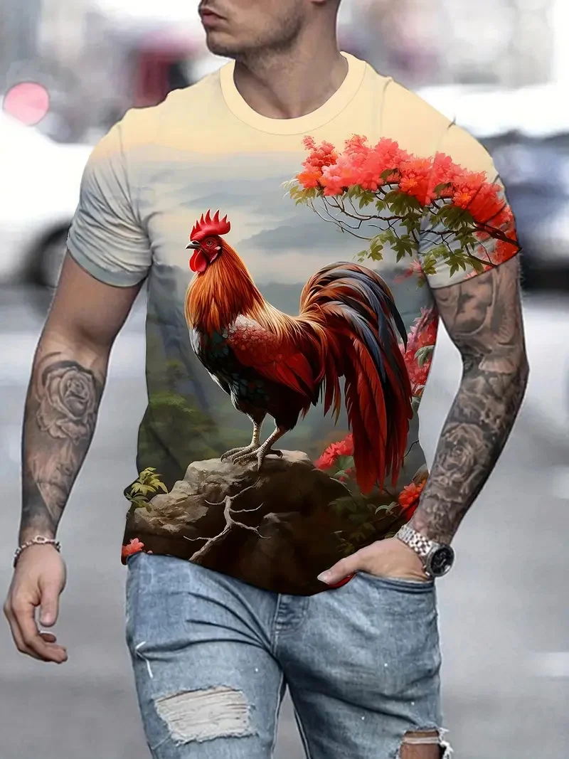 Men's eye-catching rooster pattern printed T-shirt with lightweight short sleeved round neck outdoor exploration and daily style