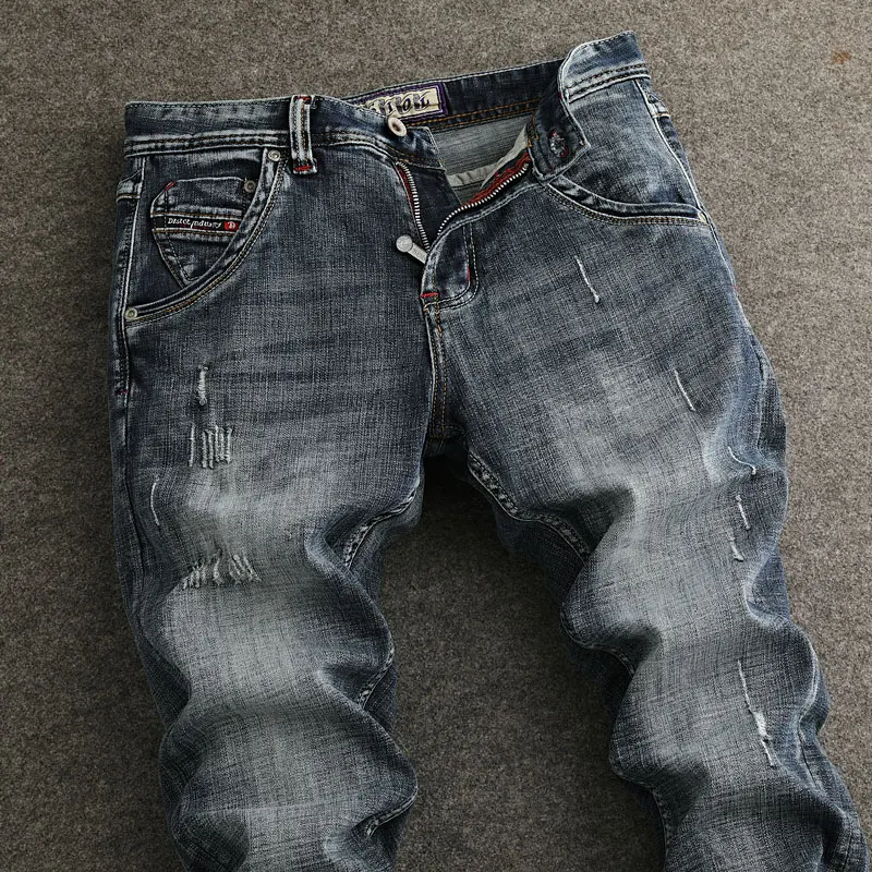 Designer Fashion Men Jeans Retro Washed Blue Stretch Slim Fit Ripped Jeans Men High Quality Vintage Y2K Denim Pants Hombre