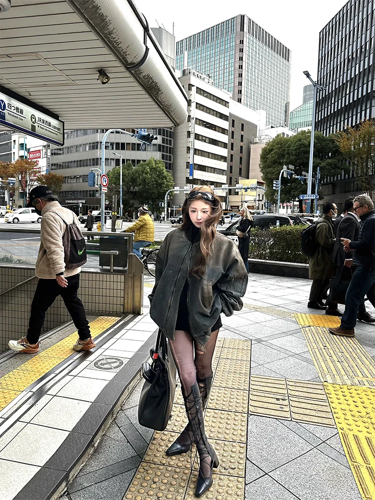 

Женская рабочая куртка FuunJ Lucerne Idol из плотного стираного хлопка, свободного кроя, с длинными рукавами, круглым вырезом и молнией