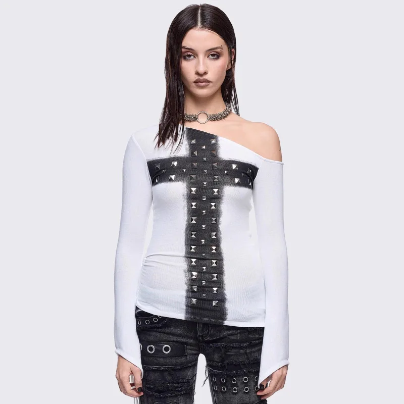Autumn Women Vintage American Cross Rhinestone Long Sleeve T Shirt Diagonal Neck Slim Ins Fashion Top