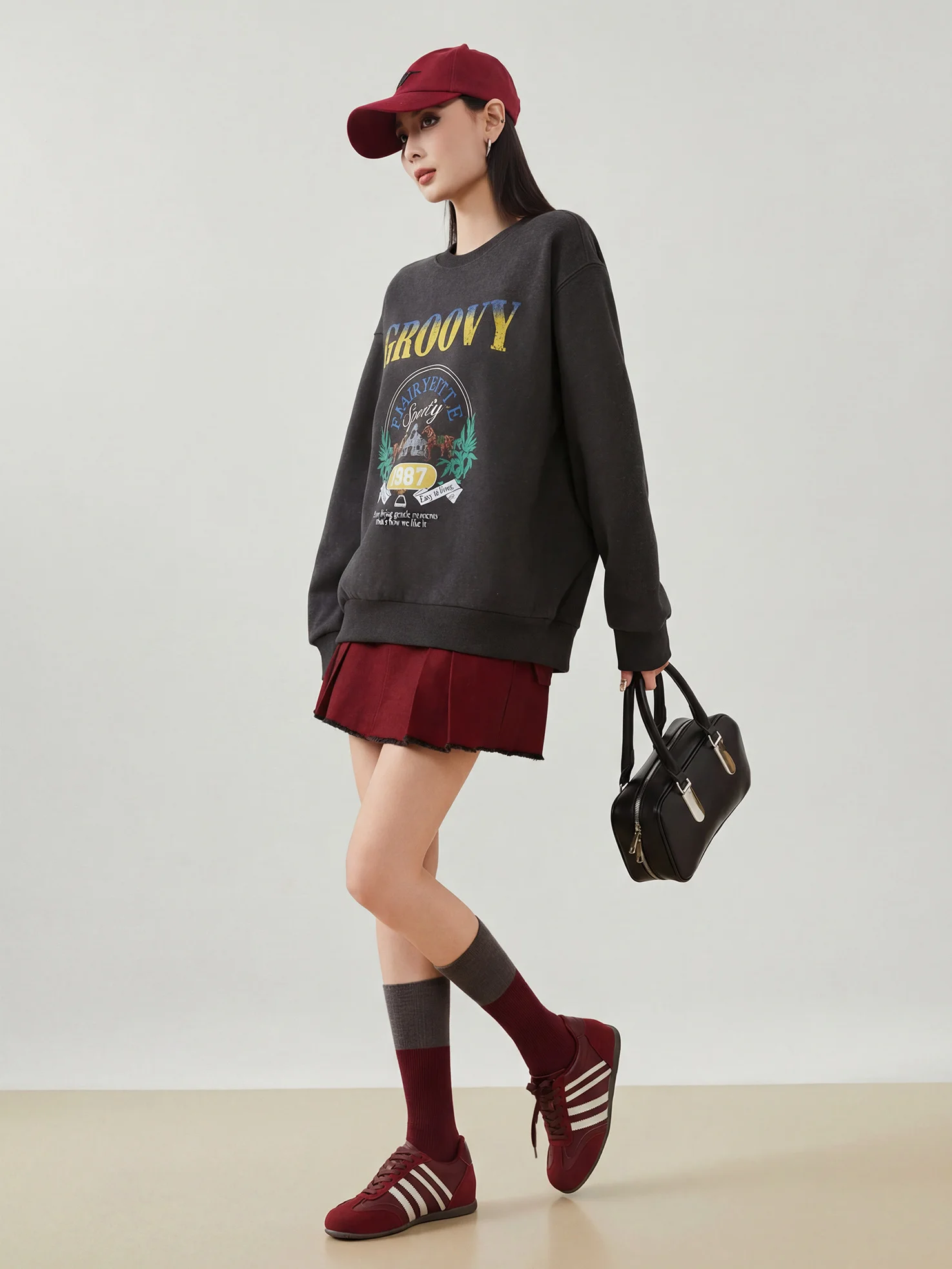 

Retro American ey Farm Letter Print round Ne Sweatirt Women Loose Korean Sle Casual Top Polyester Fabric