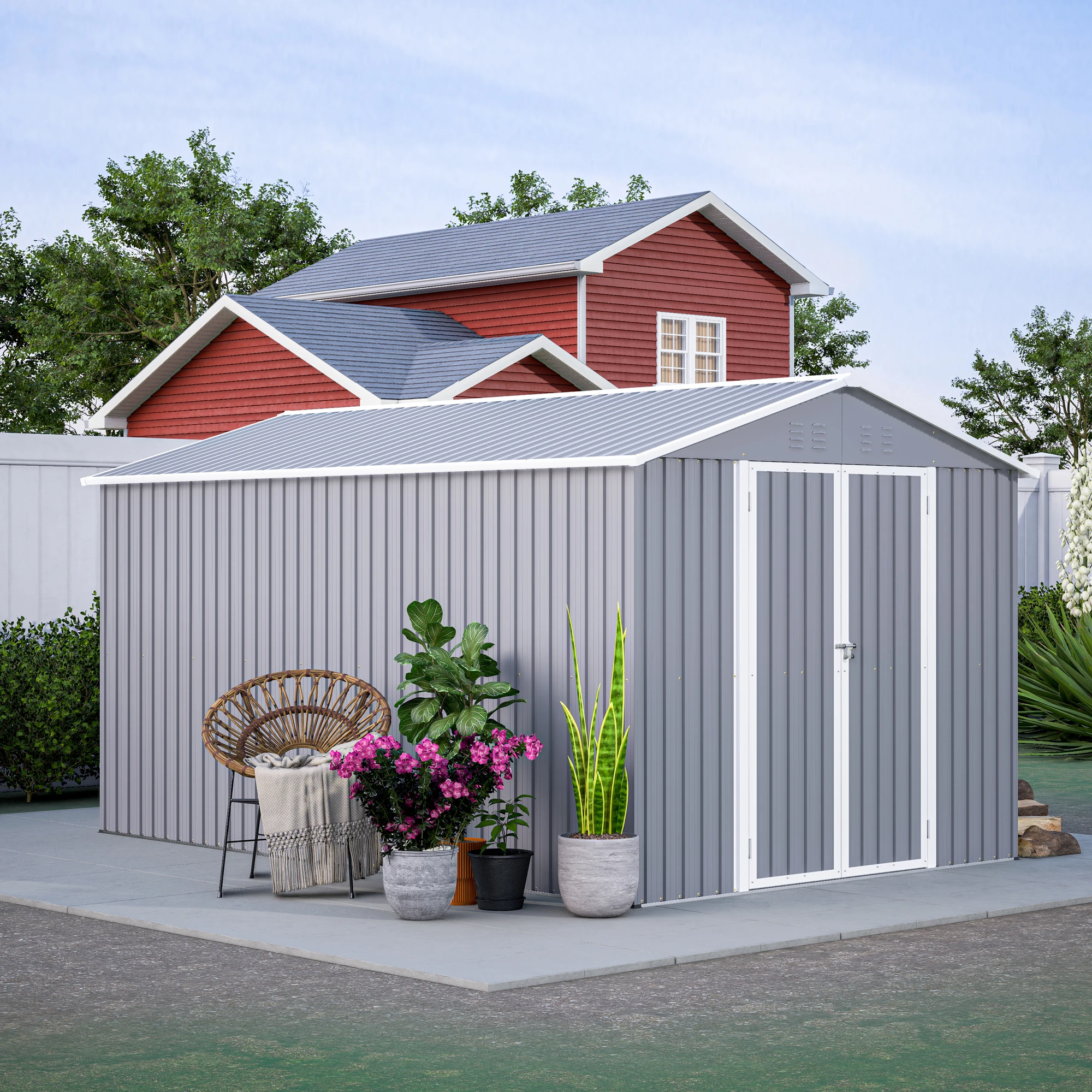 

8x12 FT Outdoor Metal Storage Shed, Aluminum Frame, Lockable Doors, Grey, Garden Backyard Patio Lawn Tool Storage