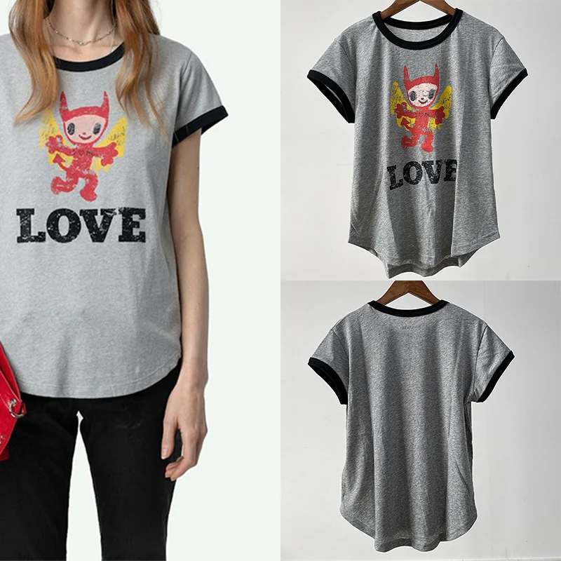 رمادي تي شيرت المرأة طاقم الرقبة القطن تيز سيدة عادية الشيطان دمية تي شيرت الإناث قصيرة الأكمام البلوز فضفاض الصيف الكتان المحملة #1