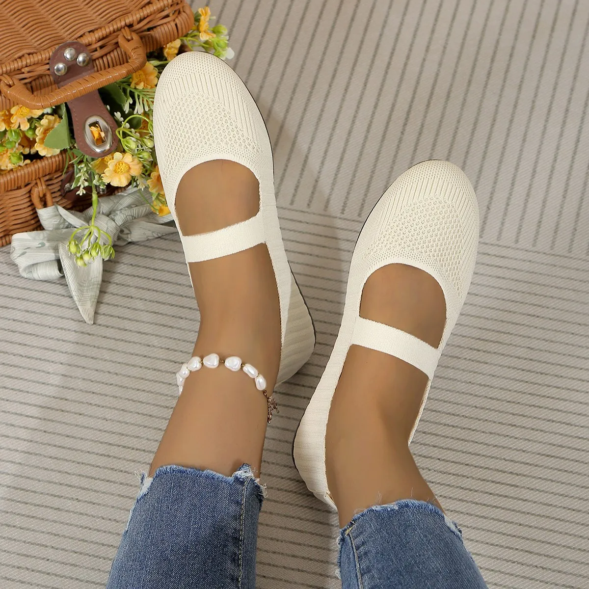 Vrouwen Ballet Flats Schoenen 2024 Zomer Nieuw Breien Casual Loafers Ballerina Casual Sneakers Leer Zonder Comfortabele Schoenen