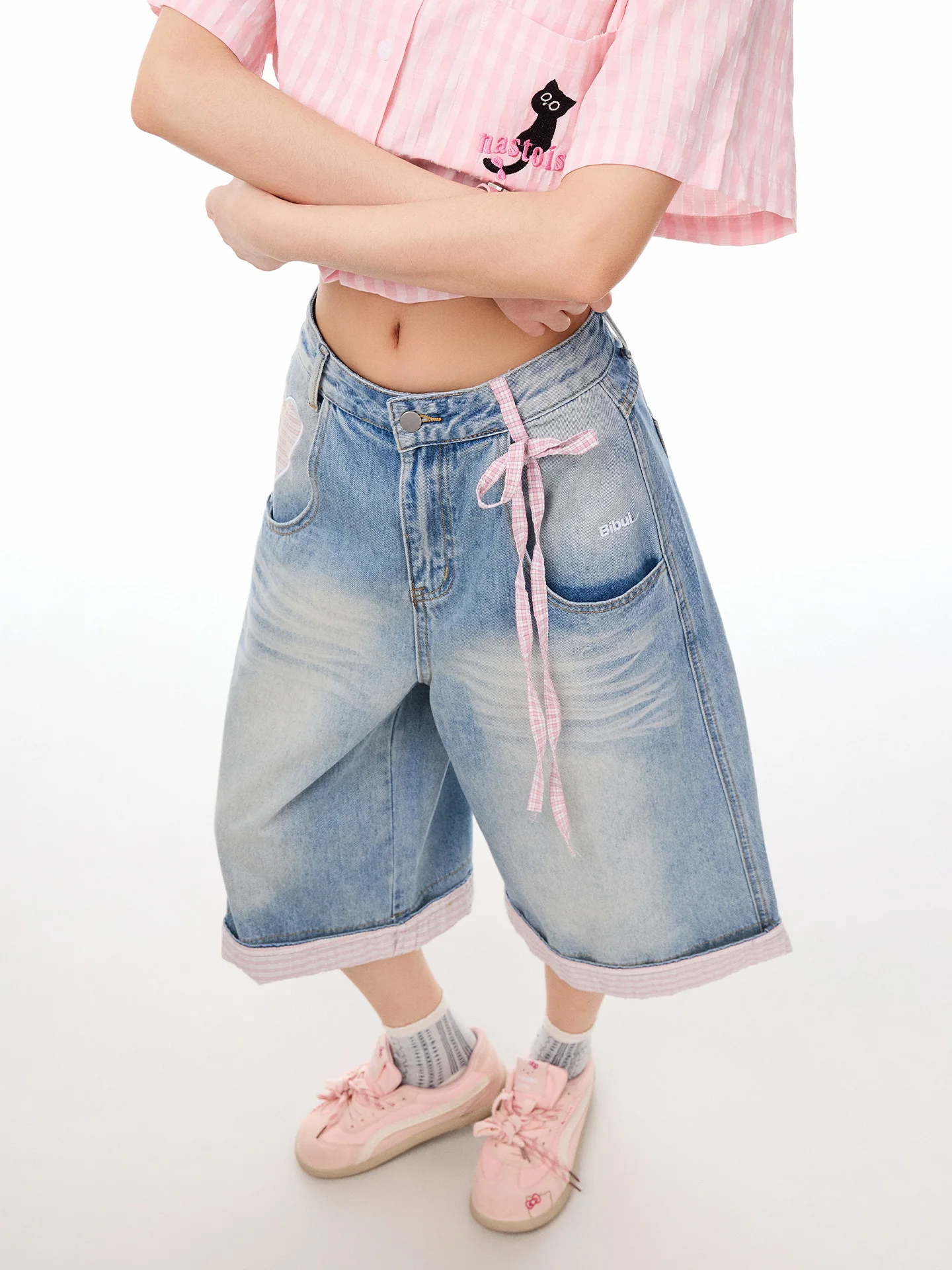 PBB Sweet Style Embroidered Casual Denim Pants Women's Plaid Cuffed Sash Loose Age-Defying Straight Leg Seven-Foot Pants