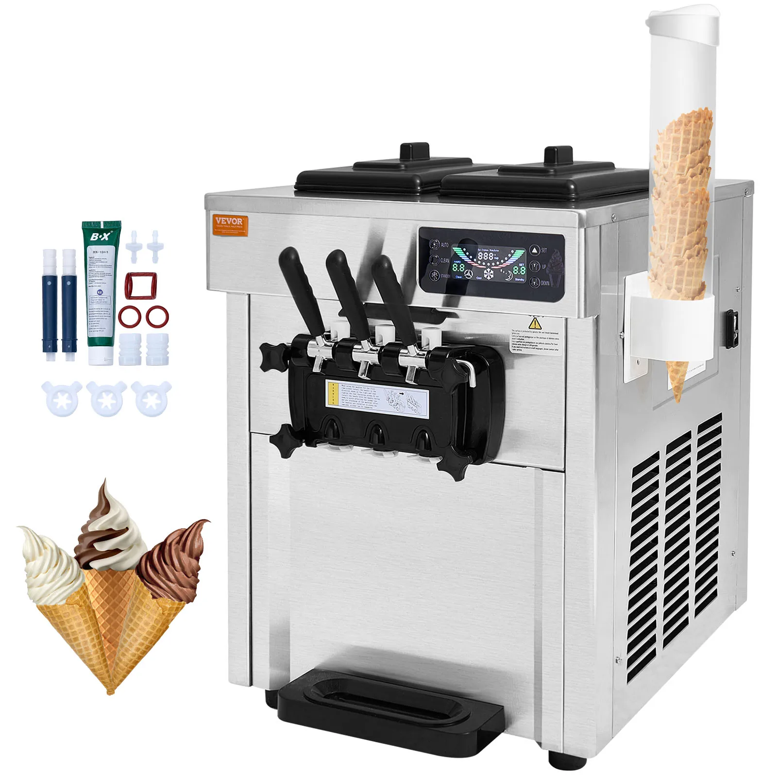 VEVOR Commercial Ice Cream Machine, 18-28 L/H Yield, 1850W 3-Flavor Countertop Soft Serve Ice Cream Maker,  2 x 5.5L Cylinder