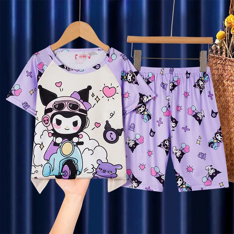 Pigiama estivo per bambini a maniche corte Kuromi Girls\' Cartoon Big Boy And Girl Home Clothing Set