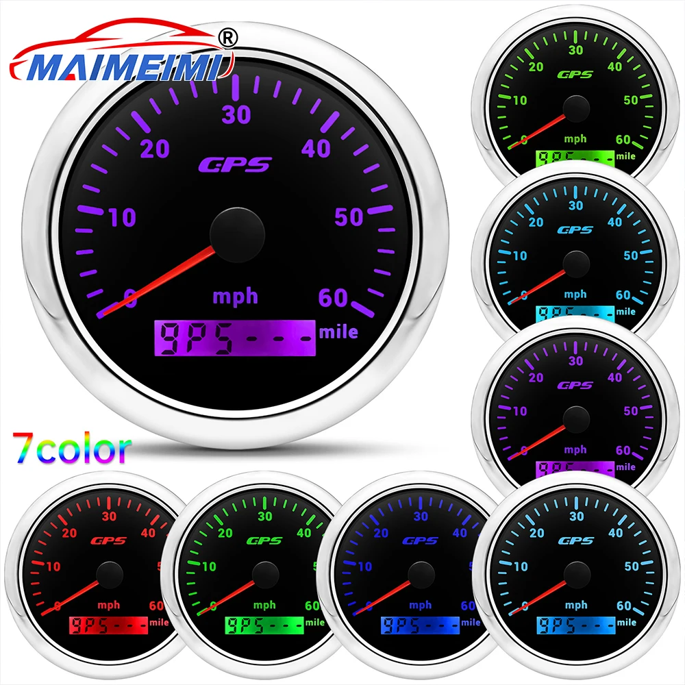

85mm Car speed meter 7-color Backlight 0-60MPH GPS Speedometer Odometer Waterproof for Marine Boat Car Truck