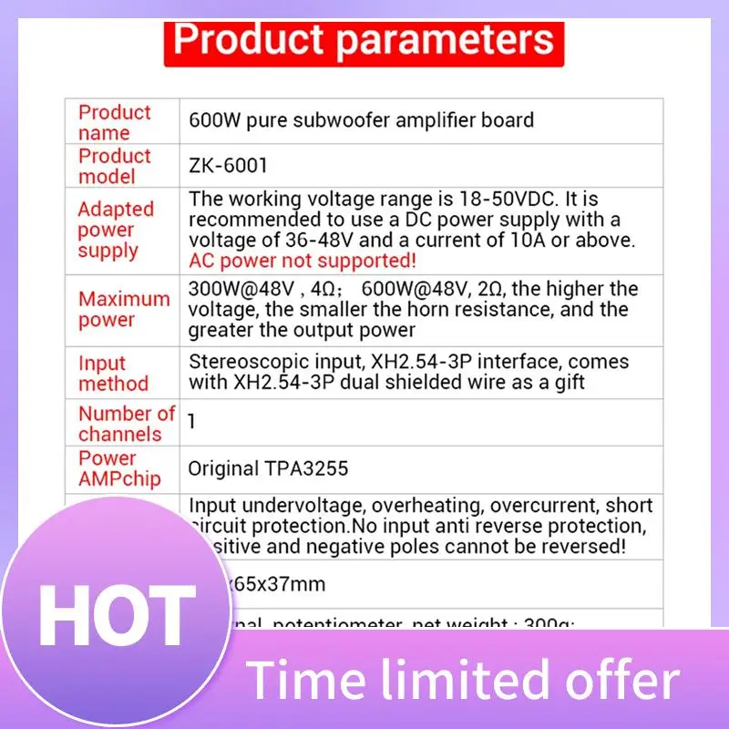 

B68A ZK-6001 TPA3255 Digital Amplifier Board High Power Stereo 300WX2 Bridged Mono 600W AMP Bridged Mono Subwoofer Speaker