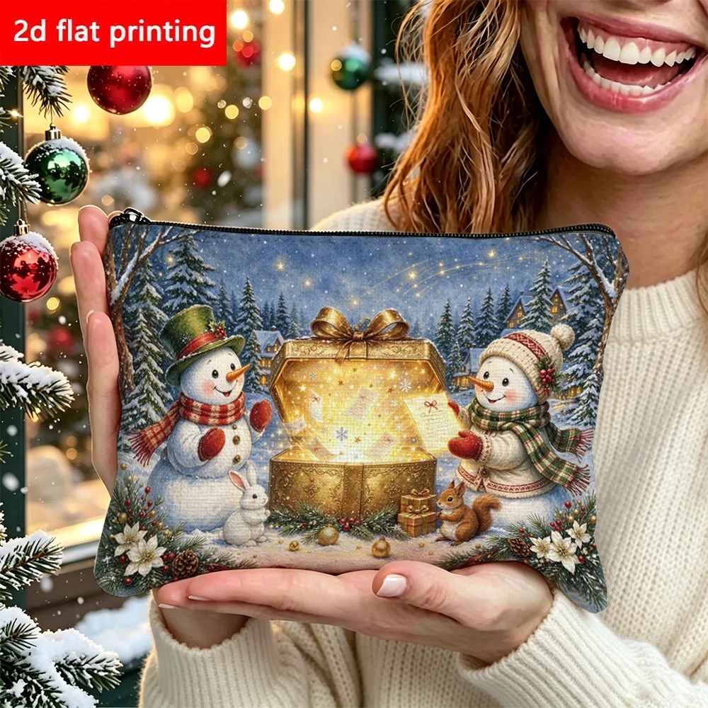 Christmas Snowman Gift Box Rabbit Squirrel Xmas Gifts Print Corduroy Cosmetic Bag Women Portable Travel Zipper Makeup Storage