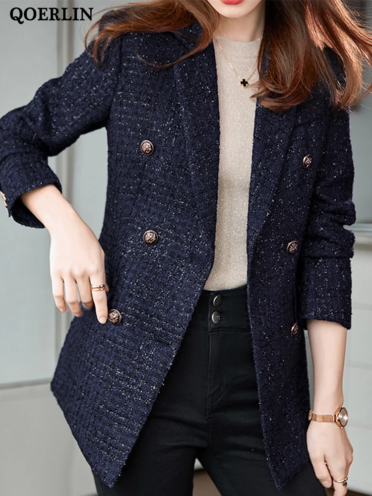 QOERLIN 5XL Women Winter Tweed Blazer Jacket Coat Thick Warm Long Sleeve Slim Elegant Casual Outwear Double-Breasted Overcoat