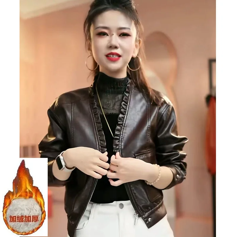

2026 New Spring Autumn Casual Short Leather Coat Fashion New Green Coffee Black Lace V-Neck Loose Women's Biker Jacket Top