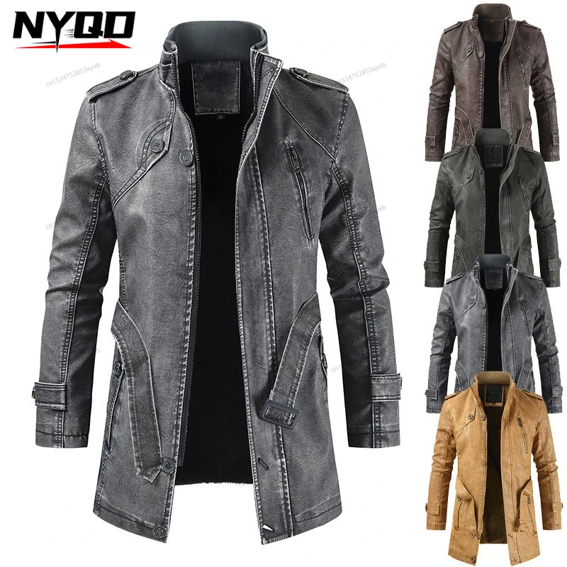 

Winter Men's Thick Fleece Leather Motorcycle Jacket Coat Long Outwear Fashion Warm Casual Vintage Clothing for Men Biker Jaqueta